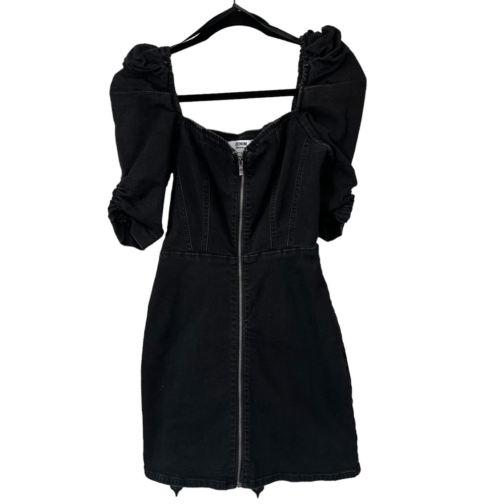 Denim Bershka Puff Sleeve Front Zip Stretch Dress
